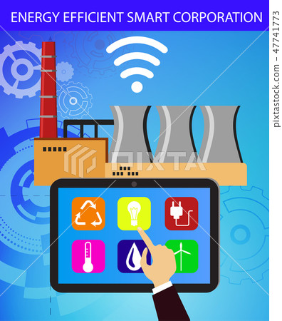 Eco friendly factory on a digital touch screen tablet Eco friendly factory on a digital touch screen tablet 47741773