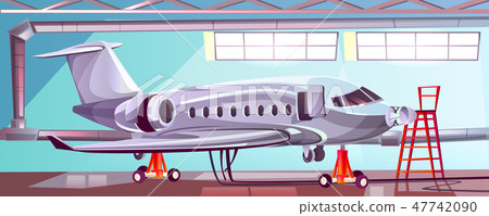 cartoon gray airlinerin aviation hangar. 47742090