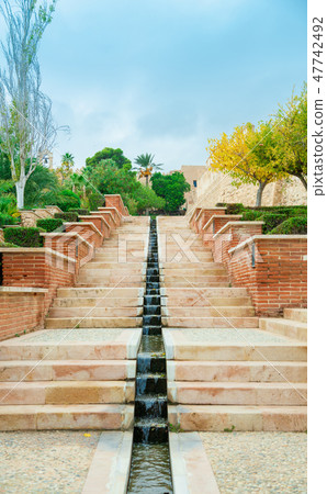 stairs with fountains in Alcazaba castle 47742492
