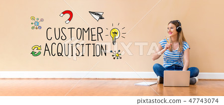 Customer acquisition with woman using a laptop computer Customer acquisition with woman using a laptop computer 47743074