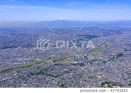 Setagaya over the sky and Mt. Fuji / Nikko Tamagawa over the sky, aerial photograph 47743885