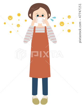 Masked female red apron allergy cold pollenosis tears allergen pollen virus Masked female red apron allergy cold pollenosis tears allergen pollen virus 47747151