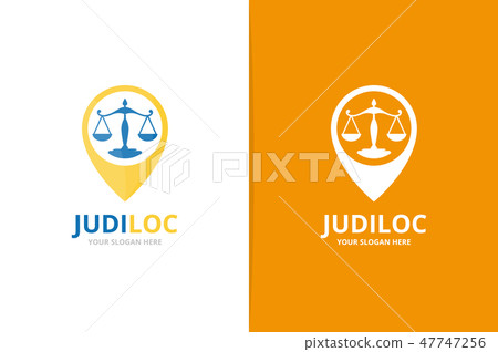Libra and map pointer logo combination. Unique law and pin logotype design template. 47747256