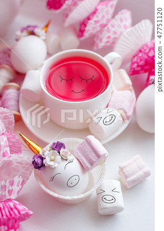 kawaii tea cup with cutest funny eyes and unicorn 47751120