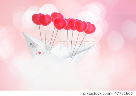 Paper boat with red heart shaped balloon Paper boat with red heart shaped balloon 47751666