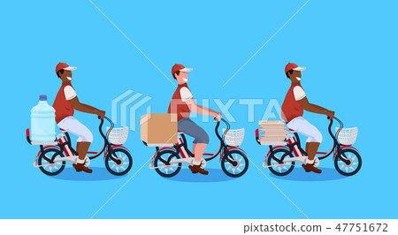 mix race couriers men cycling bicycle carrying parcel box water bottle pizza express delivery mix race couriers men cycling bicycle carrying parcel box water bottle pizza express delivery 47751672