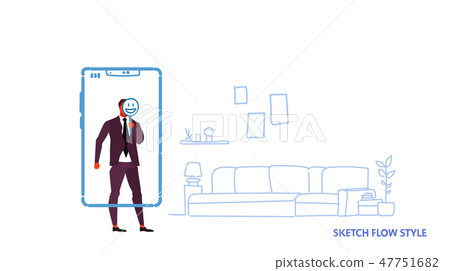 businessman using mobile application holding smiling face emotion instead of head smartphone screen 47751682