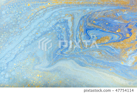Blue and gold marbling pattern. Golden marble liquid texture. 47754114