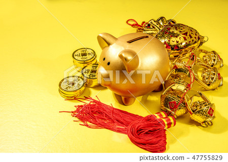 Piggy bank with golden coin and chinese ornament Piggy bank with golden coin and chinese ornament 47755829