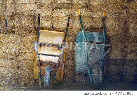 Two wheelbarrows on the hay background Two wheelbarrows on the hay background 47755995
