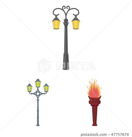 Lamp post cartoon icons in set collection for design. Lantern and lighting vector symbol stock web Lamp post cartoon icons in set collection for design. Lantern and lighting vector symbol stock web 47757678