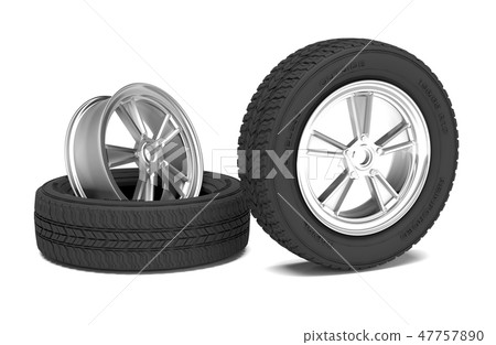Car alloy wheel and tyre on white background. 3d render illustration Car alloy wheel and tyre on white background. 3d render illustration 47757890