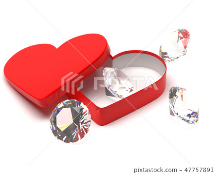 Diamonds in red gift box in heart shape. 3d rendering illustration Diamonds in red gift box in heart shape. 3d rendering illustration 47757891