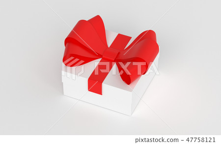 Gift box. White carton with red ribbon. 3d render illustration 47758121