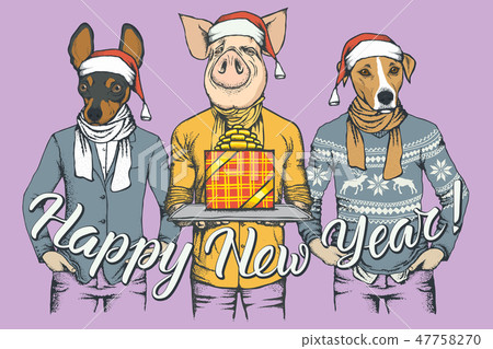 New Year vector concept Pig and two Dogs 47758270