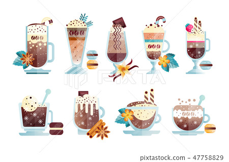 Flat vector set of tasty coffee drinks in transparent cups and glasses. Delicious hot and chilled 47758829