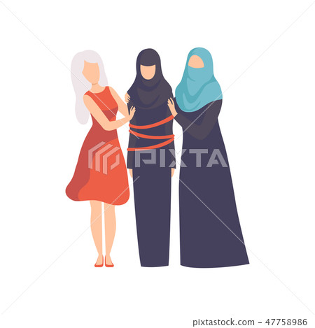 Women Supporting Tied Muslim Woman in rational lothes, Girls Advocating for Equality, Freedom, Civil 47758986
