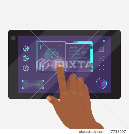 Tablet with futuristic game or application vector illustration. Doing researches banner, poster 47758997