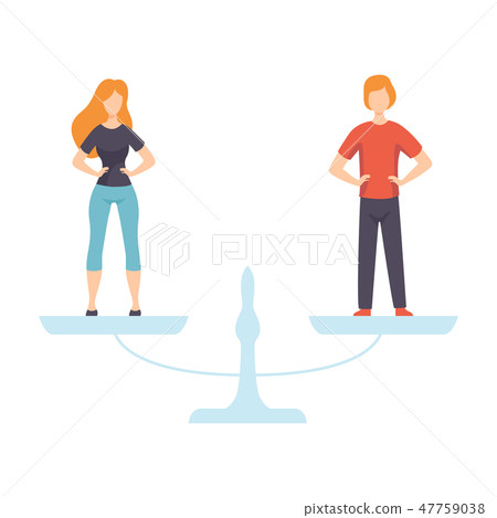 Young Man and Woman Standing on Scales, Equal Rights of People, Gender Equality in Society Vector 47759038