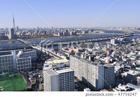日本的東京城市景觀視圖荒川和江戶川賽艇(靠近屏幕的右上角)等(左邊的東京天空樹) 日本的東京城市景觀視圖荒川和江戶川賽艇(靠近屏幕的右上角)等(左邊的東京天空樹) 47759247