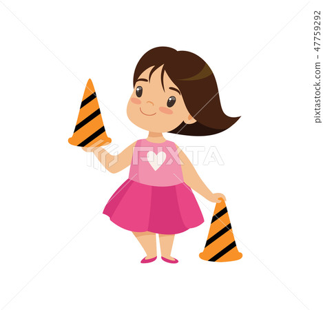 Cute Girl with Traffic Cones, Education, Safety of Kids in Traffic Vector Illustration 47759292