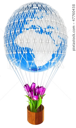 Hot Air Balloon of Earth and tulips in a basket. Hot Air Balloon of Earth and tulips in a basket. 47760438