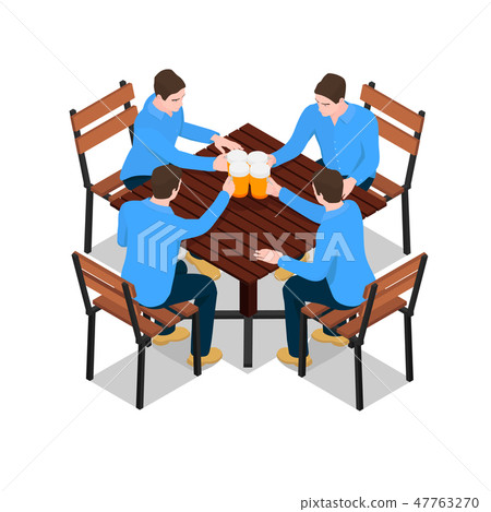 . Men sit at a wooden table and drink beer. 47763270