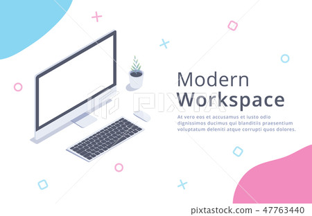 Workspace concept. 3d isometric workplace landing page template with desktop computer 47763440