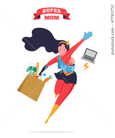 Super Mom. Flying superhero mother carrying a baby. Vector illustration Super Mom. Flying superhero mother carrying a baby. Vector illustration 47763752