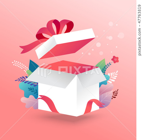 Lucky box, opened white present box with red ribbon. Sale concept design, give away promotion Lucky box, opened white present box with red ribbon. Sale concept design, give away promotion 47763819