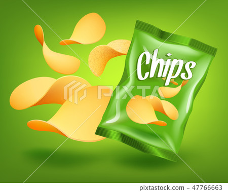Green chips package with yellow crispy snacks, advertising concept 47766663