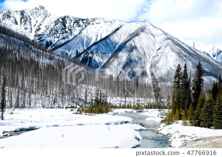 Winter Canadian · Rocky river and mountains of the Cooty National Park 47766916