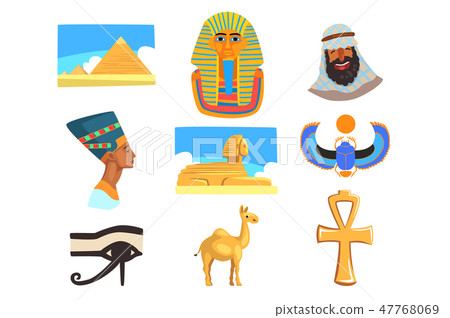 Flat vector set of Egyptian culture elements. Pyramids, camel, man in keffiyeh, Tutankhamen and 47768069