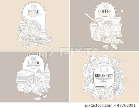 Basket with bakery goods and place for text. Breads, loaves, buns, rolls, croissants, bagels. Hand Basket with bakery goods and place for text. Breads, loaves, buns, rolls, croissants, bagels. Hand 47768091