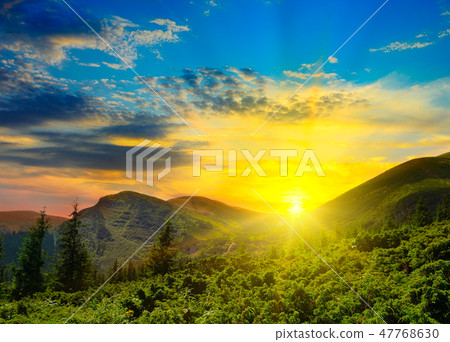 Beautiful mountain landscape and sunrise. 47768630