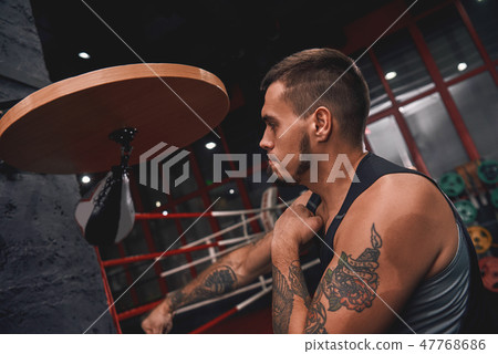 New champion. Close-up of muscular tattooed boxer in sports clothing hitting punching speed bag New champion. Close-up of muscular tattooed boxer in sports clothing hitting punching speed bag 47768686