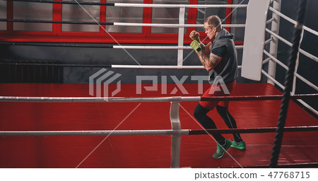 Training his boxing skills. Muscular tattooed boxer in sports clothing punching on red boxing ring Training his boxing skills. Muscular tattooed boxer in sports clothing punching on red boxing ring 47768715