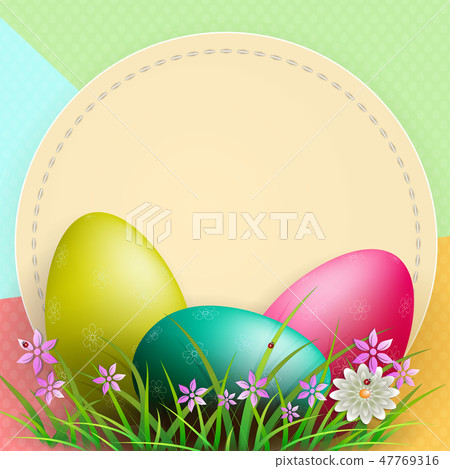 Composition with a round frame, three Easter eggs with grass, 47769316