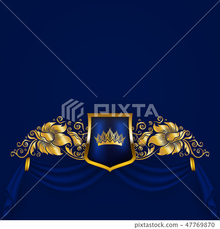 Royal background with ornament, shield, gold crown, ribbon, blazon, place for text in vintage style. Royal background with ornament, shield, gold crown, ribbon, blazon, place for text in vintage style. 47769870