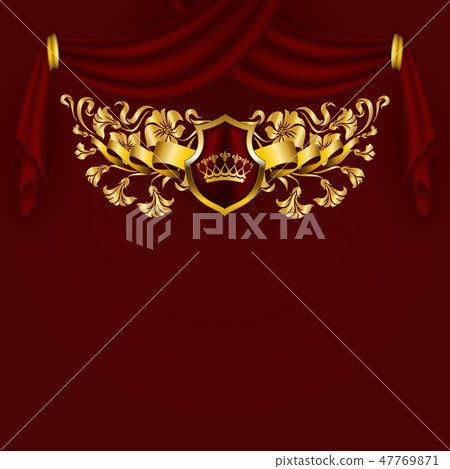 Royal background with ornament, shield, gold crown, ribbon, blazon, place for text in vintage style. 47769871
