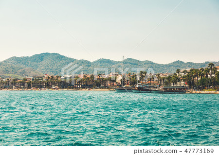 Beautiful Panoramic Aerial view at of boats, yacht, sailboat and bay in Marmaris, Turkey. Colorful 47773169