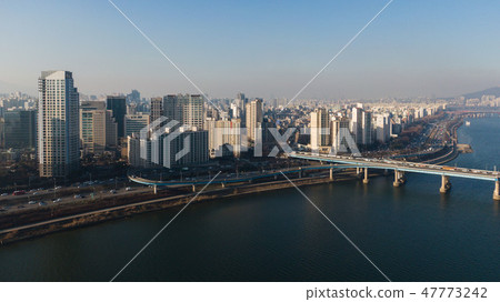 Seoul taken with a drone, Korea. bridges across the river Seoul taken with a drone, Korea. bridges across the river 47773242