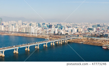 Seoul taken with a drone, Korea. bridges across the river 47773246