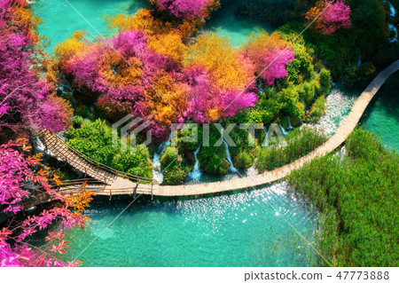 Beautiful wooden path in Plitvice Lake, Croatia. Beautiful wooden path in Plitvice Lake, Croatia. 47773888