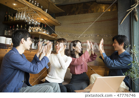 A man and a woman exciting at a cafe A man and a woman exciting at a cafe 47776746