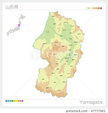 山形縣地圖（等高線·顏色編碼·市町村·區） 47777865
