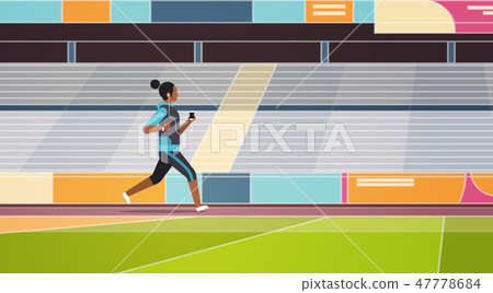 fitness woman running stadium track african american girl listening to music with headphones on fitness woman running stadium track african american girl listening to music with headphones on 47778684