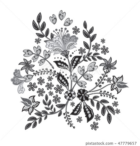 Beautiful floral element. Black-and-white flowers and leaves design element with imitation guipure 47779657