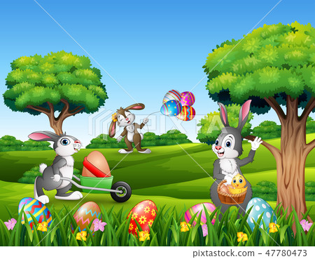 Easter background with cartoon rabbits playing - Stock Illustration