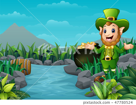 Cartoon leprechaun and a pot of gold in the nature 47780524